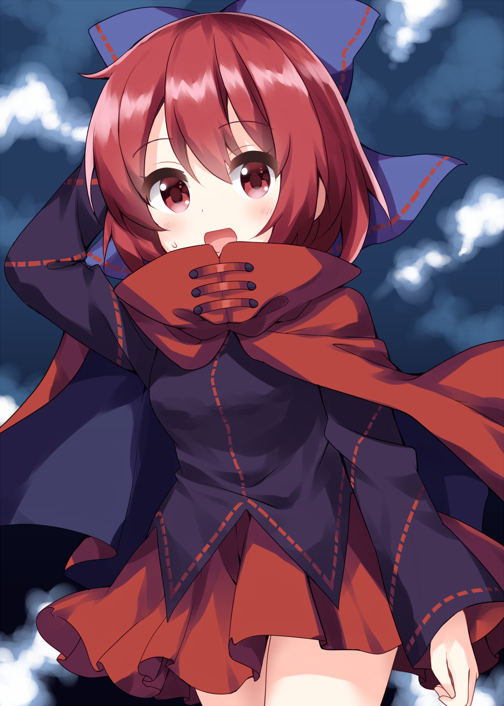 1girl arm_behind_head bangs black_shirt blue_bow bow cloak commentary_request cowboy_shot eyebrows_visible_through_hair hair_bow highres long_sleeves looking_at_viewer miniskirt open_mouth red_eyes red_skirt redhead ruu_(tksymkw) sekibanki shirt short_hair skirt solo standing sweatdrop touhou
