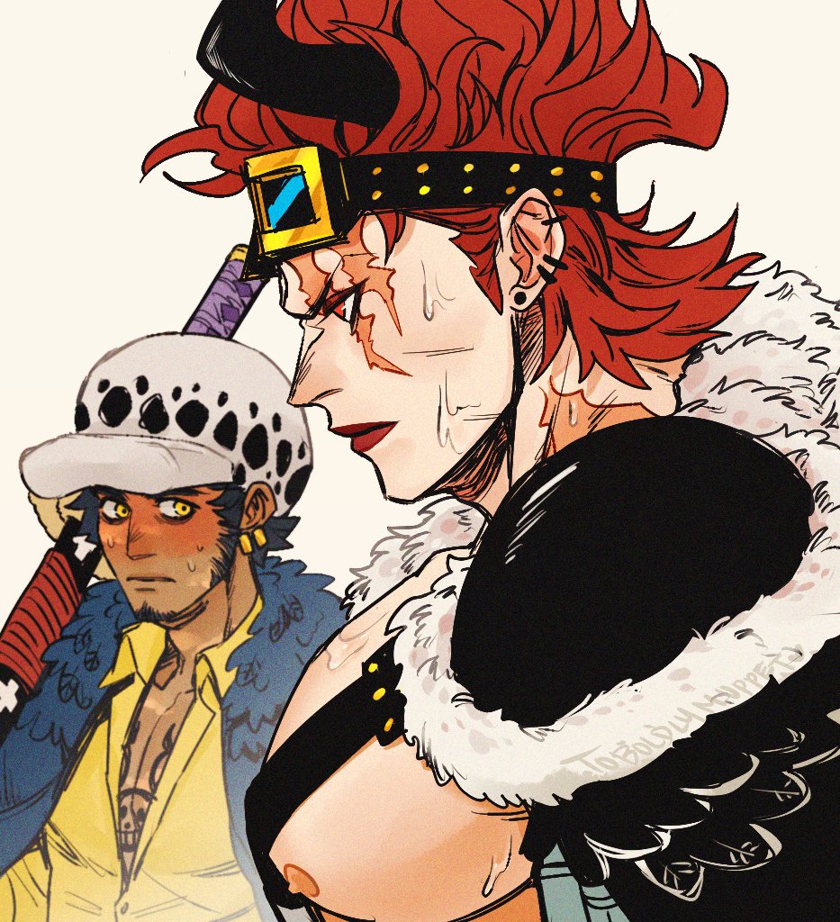 2boys black_hair blush cape earrings eustass_captain_kid facial_hair fake_horns fur_trim goggles goggles_on_head hat horns jewelry looking_at_another male_focus meme multiple_boys muppet_(toboldlymuppet) nipples nose_blush one_piece over_shoulder pectorals photo-referenced red_eyes redhead scabbard scar scar_across_eye scar_on_face scar_on_neck sheath sheathed shirt short_hair sideburns simple_background sweat sword tan trafalgar_law upper_body weapon weapon_over_shoulder white_background yellow_eyes