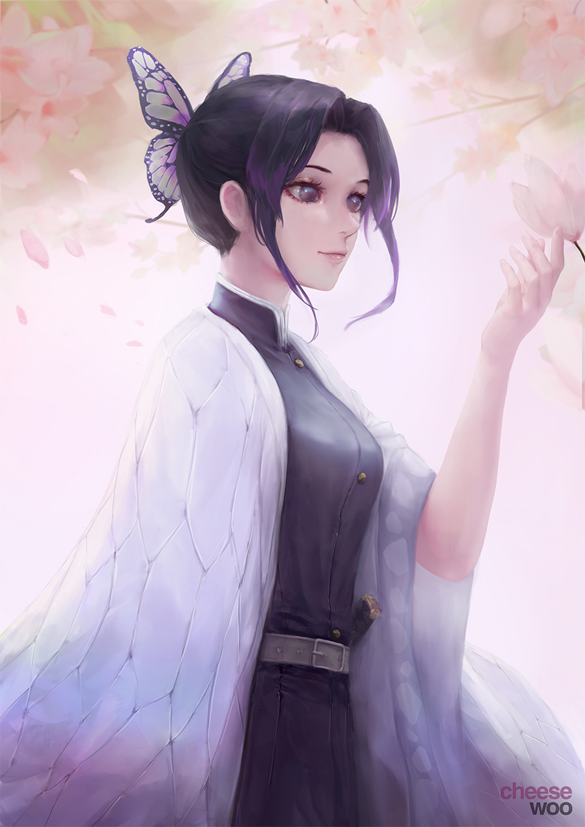 1girl belt_buckle black_eyes black_hair black_jacket buckle butterfly_hair_ornament closed_mouth flower gradient_hair hair_intakes hair_ornament haori highres isaac_liew jacket japanese_clothes kimetsu_no_yaiba kochou_shinobu multicolored_hair purple_hair short_hair sidelocks smile solo standing white_flower