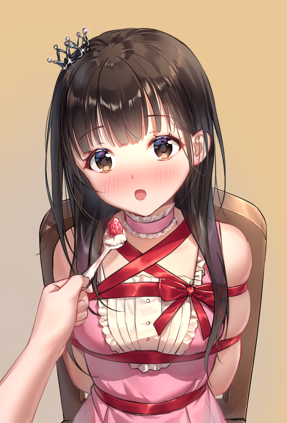 1girl :o arms_behind_back bangs blush bound breasts brown_eyes brown_hair chair choker commentary_request crown eyebrows_visible_through_hair feeding food fruit haneru highres himitsu_no_jugyou holding holding_spoon long_hair looking_at_viewer mini_crown open_mouth pink_choker pink_shirt pov ribbon shirt skindentation small_breasts spoon strawberry tied_up upper_body