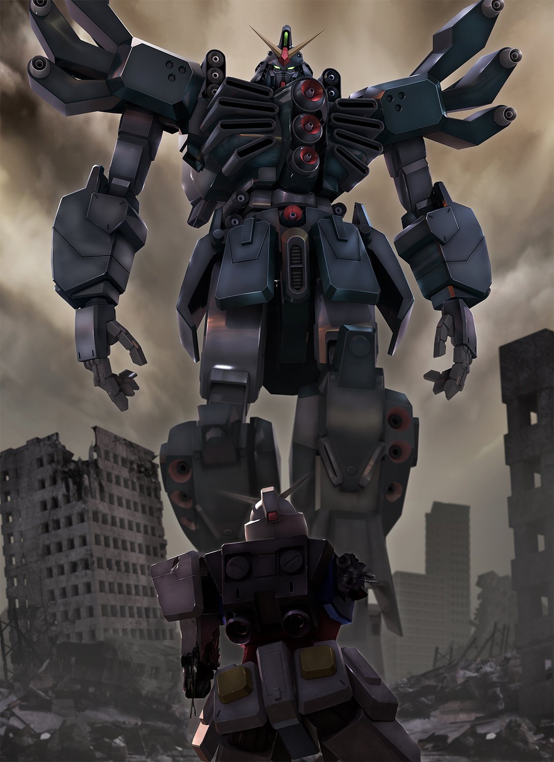 clouds cloudy_sky damaged destroyed green_eyes ground_gundam gundam gundam_the_battle_master highres looking_up mecha mecha_request missing_limb mobile_suit no_humans open_hands science_fiction sky v-fin zb