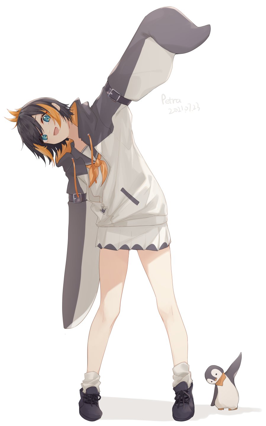 1girl arm_up bangs bird black_footwear black_hair black_hoodie commentary_request dated highres hood hoodie leaning_to_the_side multicolored_hair nijisanji nijisanji_en orange_hair penguin petra_gurin sailor_collar shadow short_hair skirt sleeves_past_fingers sleeves_past_wrists smile solo streaked_hair teay_(ttttteay) two-tone_hoodie virtual_youtuber white_background white_hoodie white_skirt