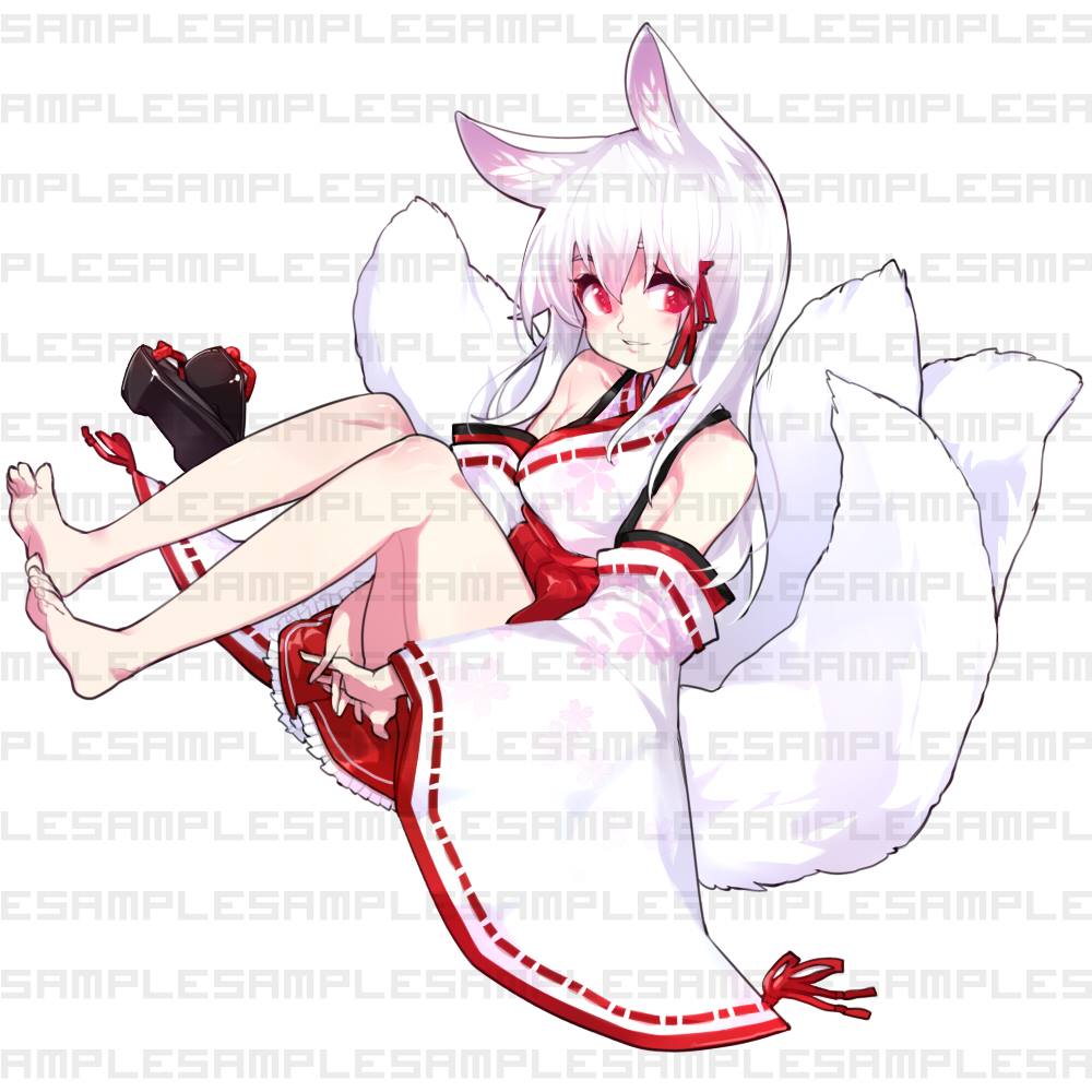 1girl animal_ears barefoot breasts ejami feet hair_ornament hands_clasped long_hair looking_at_viewer multiple_tails original own_hands_together red_eyes sandals_removed simple_background smile solo tail white_background white_hair