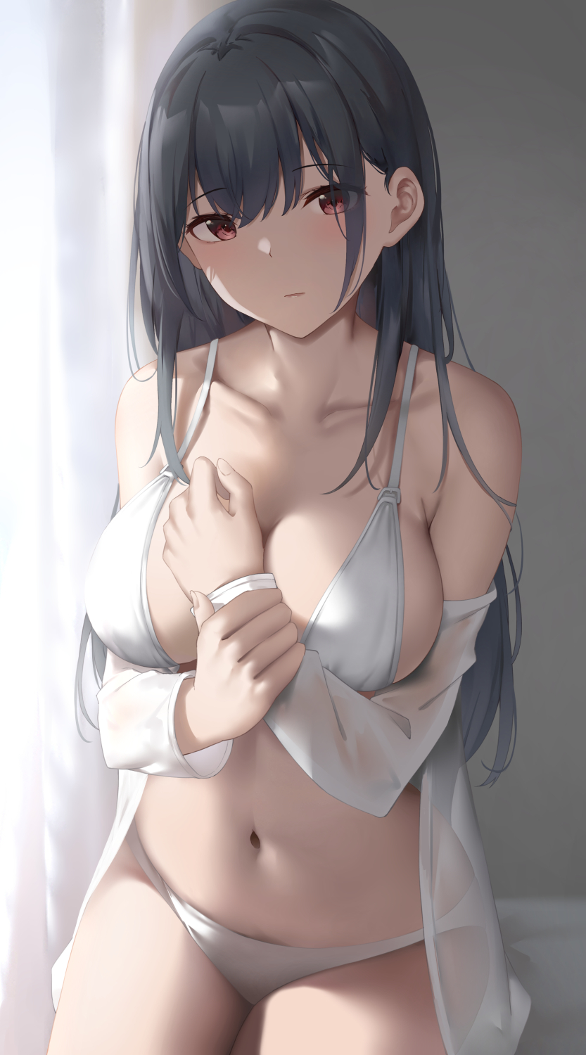 1girl bangs black_hair blush bra breasts closed_mouth collarbone eyebrows_visible_through_hair highres large_breasts long_hair looking_at_viewer original panties red_eyes solo suzuame_yatsumi underwear white_bra white_panties