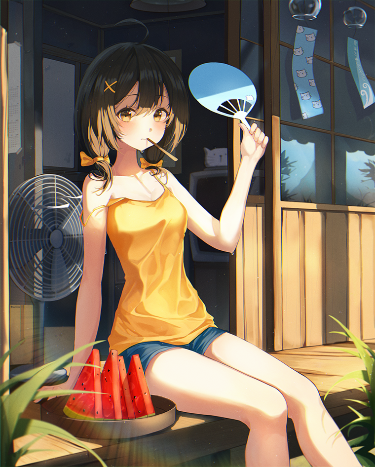 1girl ahoge bare_arms bare_shoulders black_hair blue_shorts bow breasts brown_eyes camisole day electric_fan fan food hair_bow hair_ornament holding hot long_hair looking_at_viewer medium_breasts mela_(rbw1s) mouth_hold original popsicle shirt short_shorts shorts sitting sleeveless sleeveless_shirt solo spaghetti_strap strap_slip summer sunlight sweat thighs veranda watermelon_bar wind_chime x_hair_ornament yellow_shirt