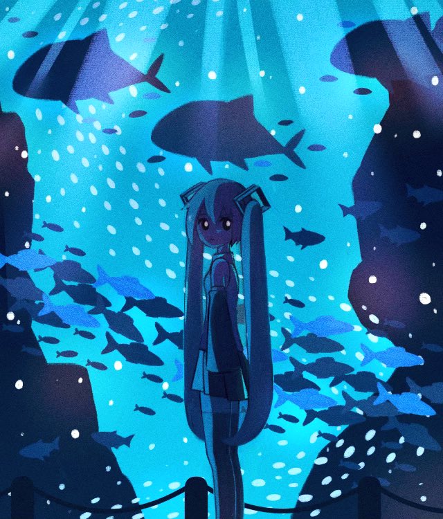 1girl aquarium bare_shoulders commentary detached_sleeves fence fish from_side hair_ornament hatsune_miku light long_hair looking_to_the_side miniskirt minoya pleated_skirt school_of_fish shirt skirt sleeveless sleeveless_shirt solo standing thigh-highs twintails very_long_hair vocaloid zettai_ryouiki