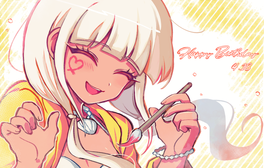 1girl :d bangs blunt_bangs blush bracelet commentary_request dangan_ronpa_(series) dangan_ronpa_v3:_killing_harmony dark-skinned_female dark_skin dated eyebrows_visible_through_hair ganguro hands_up happy happy_birthday heart holding holding_paintbrush jacket jewelry low_twintails open_mouth orange_jacket paintbrush sasakama_(sasagaki01) shell_necklace smile solo twintails upper_body upper_teeth white_hair yonaga_angie