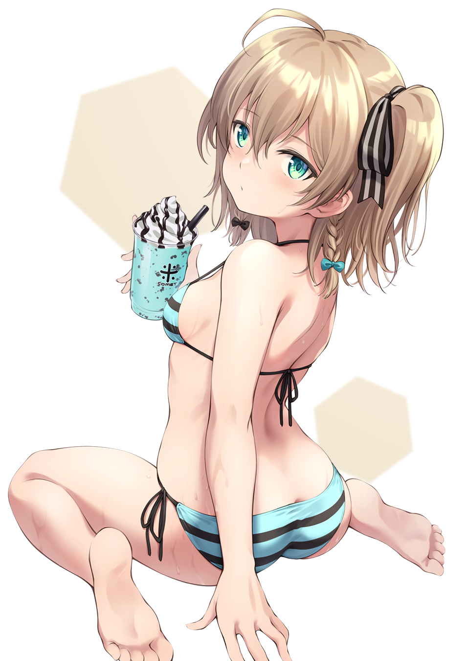 1girl ahoge amerika_juu_pan aqua_bikini ass barefoot bikini blonde_hair braid breasts commentary_request cup eyebrows_visible_through_hair food from_behind green_eyes hair_between_eyes hair_ribbon highres holding holding_cup ice_cream looking_at_viewer looking_back original ribbon side-tie_bikini side_ponytail single_braid sitting small_breasts soles solo striped striped_bikini striped_ribbon sundae swimsuit wariza