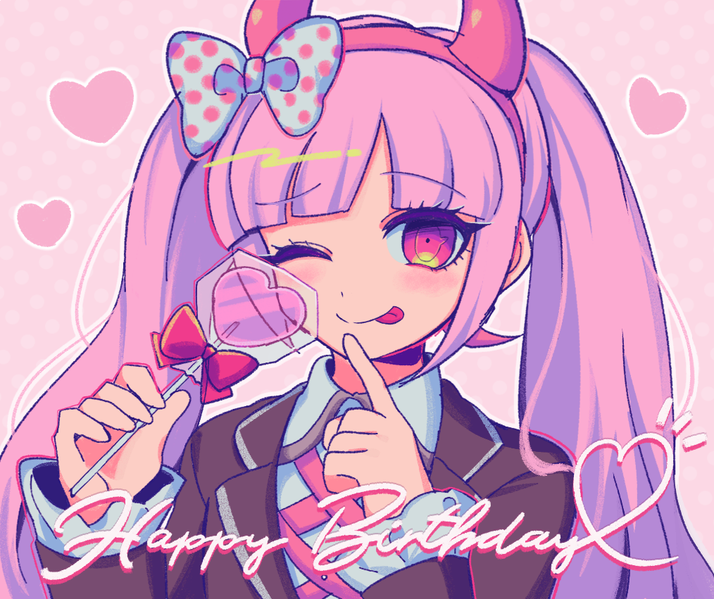 1girl bangs blunt_bangs bow brown_jacket candy closed_mouth collared_shirt commentary_request dangan_ronpa_(series) dangan_ronpa_another_episode:_ultra_despair_girls eyebrows_visible_through_hair fake_horns food green_bow hair_bow hands_up happy_birthday heart holding horns index_finger_raised jacket lollipop long_hair long_sleeves looking_at_viewer notice_lines one_eye_closed outline pink_eyes pink_hair polka_dot polka_dot_bow sasakama_(sasagaki01) shirt simple_background solo tongue tongue_out twintails upper_body utsugi_kotoko white_outline