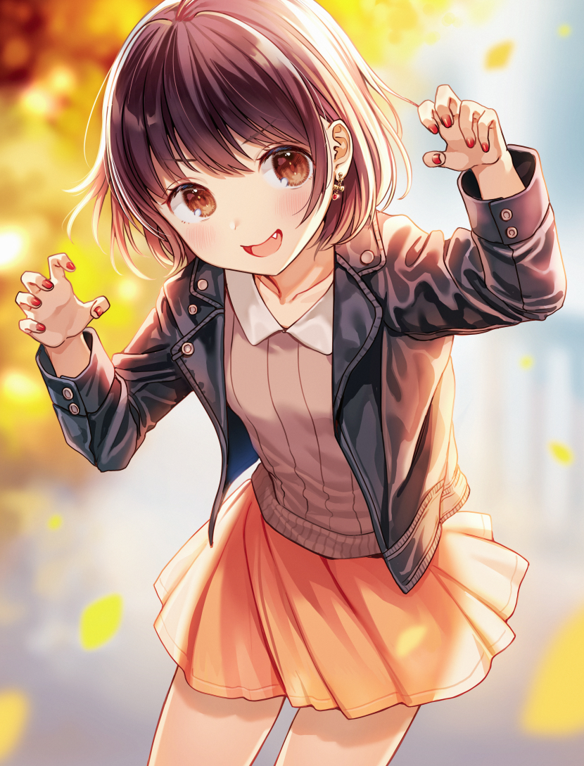 1girl blurry blurry_background brown_eyes brown_hair claw_pose commentary earrings fang jacket jewelry leather leather_jacket nail_polish nishizawa original outdoors skirt solo