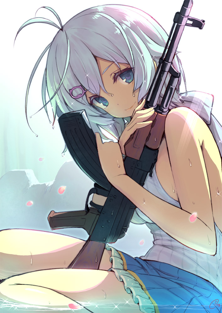 1girl akm antenna_hair bangs blue_eyes blue_skirt closed_mouth commentary_request dennou_shoujo_youtuber_siro gun hair_between_eyes hair_ornament holding holding_gun holding_weapon looking_at_viewer petals petals_on_liquid piro_(orip) seiza shirt short_hair siro_(dennou_shoujo_youtuber_siro) sitting skirt sleeveless smile solo virtual_youtuber weapon wet wet_clothes wet_hair wet_shirt wet_skirt white_hair white_shirt