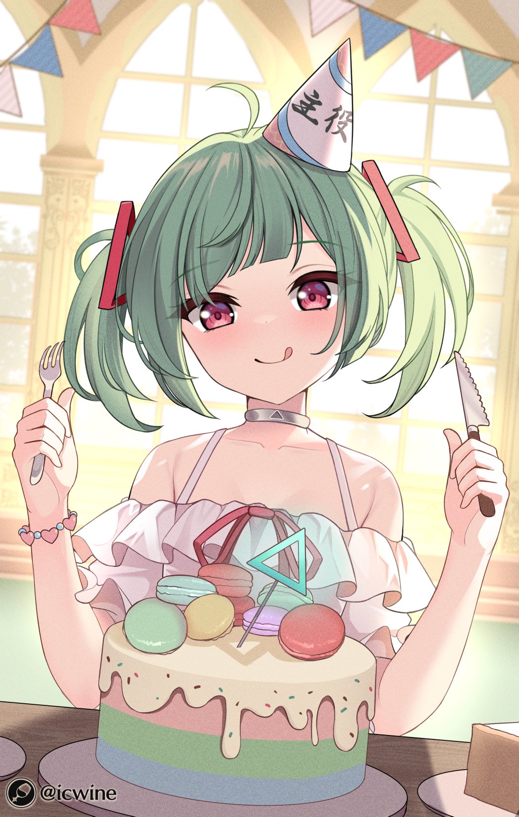 ahoge bangs bare_shoulders birthday birthday_cake bracelet cake collarbone commentary_request delutaya diagonal_bangs english_commentary eyebrows_visible_through_hair food fork green_hair highres icwine indie_virtual_youtuber jewelry knife mixed-language_commentary off_shoulder puffy_short_sleeves puffy_sleeves red_eyes short_sleeves tongue tongue_out triangle_hair_ornament twintails twitter_username utaite_(singer) virtual_youtuber