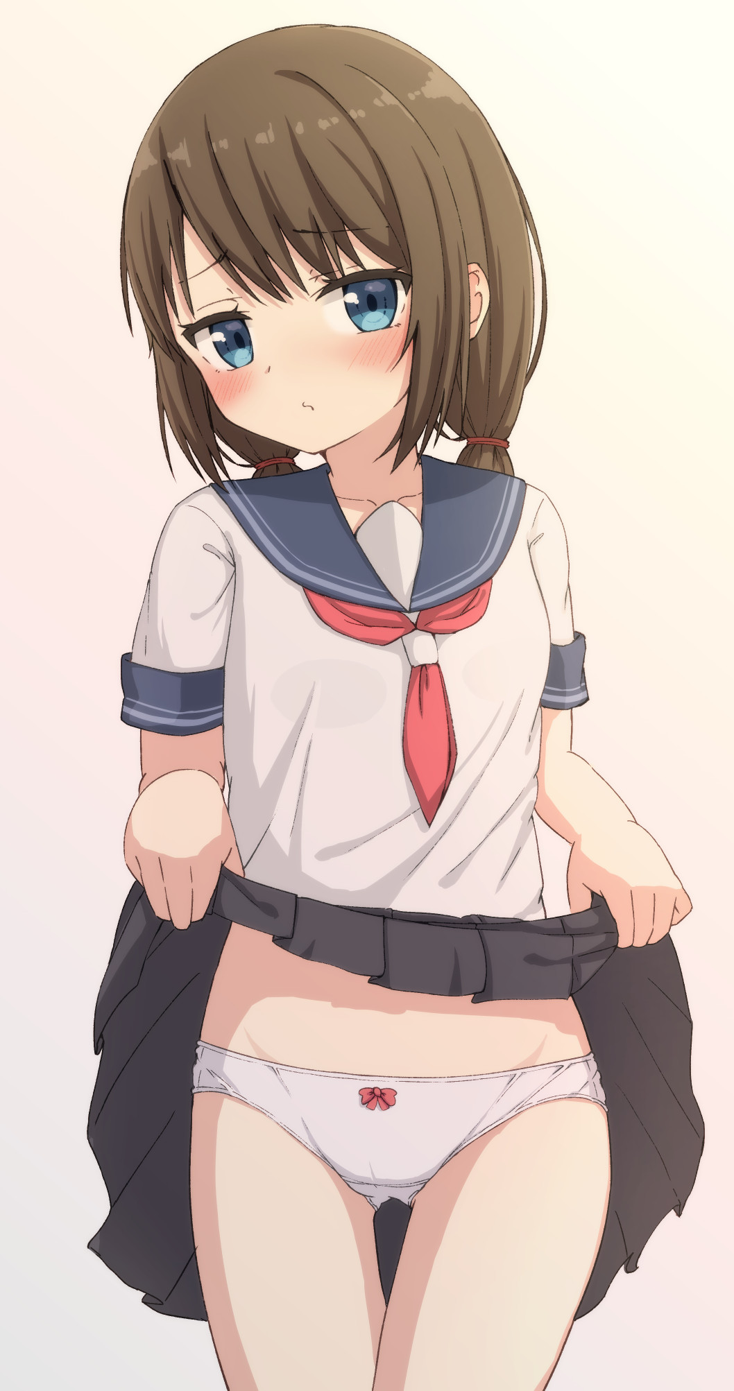 1girl ass_visible_through_thighs bangs black_skirt blue_eyes blue_sailor_collar blush bow bow_panties brown_background brown_hair closed_mouth clothes_lift commentary_request eyebrows_visible_through_hair groin highres hippo_(hirople) lifted_by_self long_hair looking_at_viewer low_twintails neckerchief original panties pleated_skirt red_neckwear sailor_collar school_uniform serafuku shirt short_sleeves skirt skirt_lift solo thigh_gap twintails underwear white_panties white_shirt