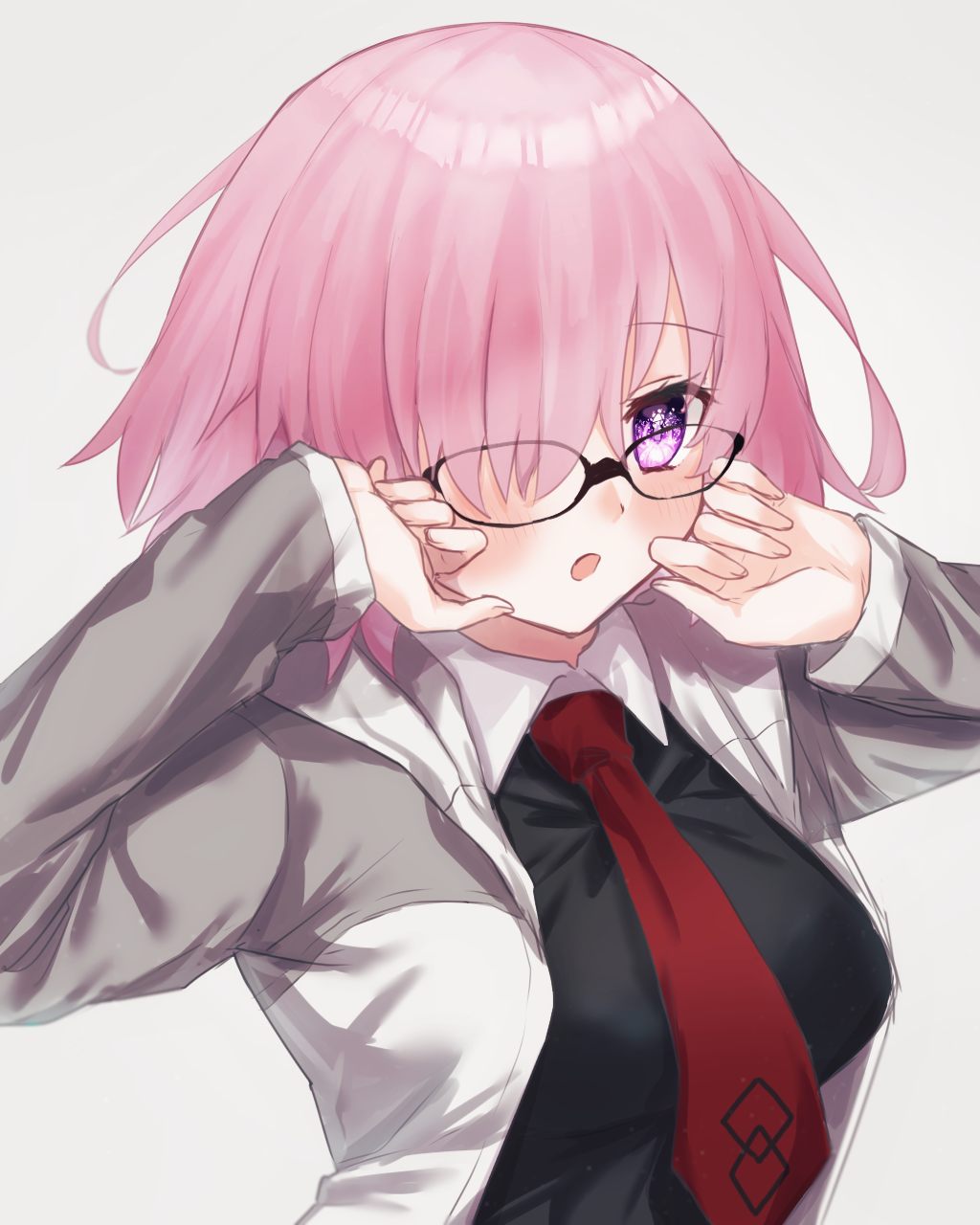 1girl bangs between_breasts black-framed_eyewear black_shirt blush breasts collared_shirt commentary_request eyebrows_visible_through_hair fate/grand_order fate_(series) fingernails glasses grey_jacket hair_over_one_eye hand_on_own_cheek hand_on_own_face harukappa highres hood hood_down hooded_jacket jacket large_breasts long_sleeves looking_at_viewer mash_kyrielight necktie necktie_between_breasts one_eye_covered open_clothes open_jacket open_mouth pink_hair red_neckwear shirt short_hair simple_background solo violet_eyes white_background