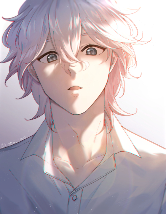 1boy alternate_costume bangs collarbone collared_shirt dangan_ronpa_(series) dangan_ronpa_2:_goodbye_despair dress_shirt gradient gradient_background grey_eyes hair_between_eyes jewelry komaeda_nagito looking_at_viewer male_focus meipoi open_mouth portrait shirt short_hair simple_background solo twitter_username upper_body white_shirt