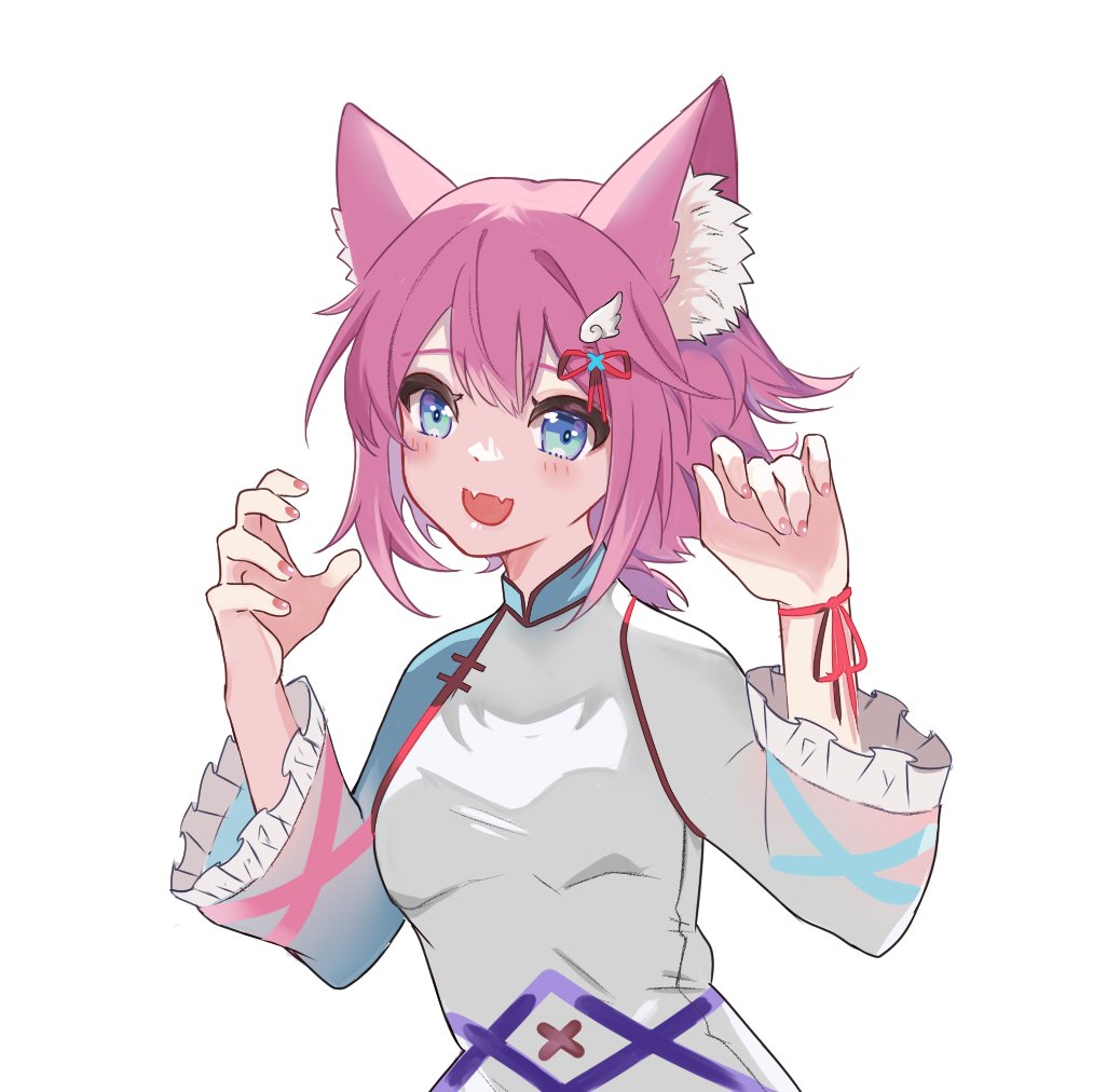 alicia_cotton animal_ear_fluff animal_ears bangs blue_eyes cat_girl fang foxx_(rftx8228) hair_between_eyes hair_ornament indie_virtual_youtuber long_sleeves open_mouth pink_hair short_hair short_ponytail skin_fang upper_body virtual_youtuber white_background wing_hair_ornament