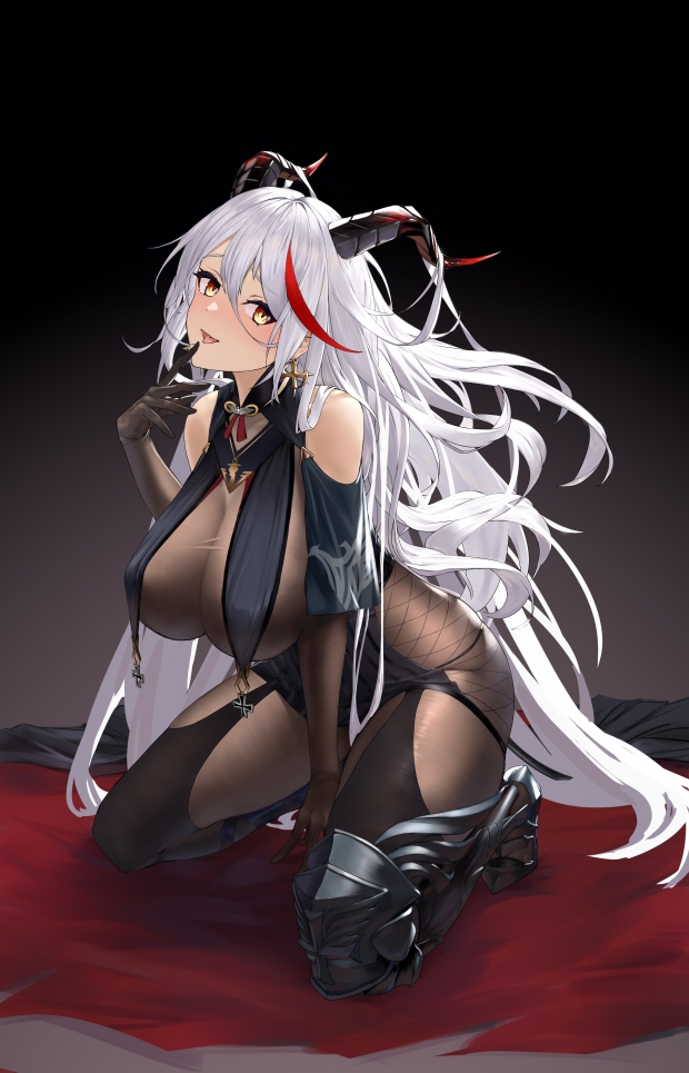 1girl aegir_(azur_lane) asymmetrical_footwear azur_lane bare_shoulders black_cape black_gloves bodystocking boots breast_curtains breasts cape cross cross_earrings demon_horns earrings finger_to_mouth full_body gloves hair_on_horn high_heels horns iron_cross jewelry knee_boots long_hair looking_at_viewer multicolored_hair redhead sagging_breasts simple_background single_knee_boot skin_tight solo streaked_hair touristdw uneven_footwear very_long_hair white_hair yellow_eyes