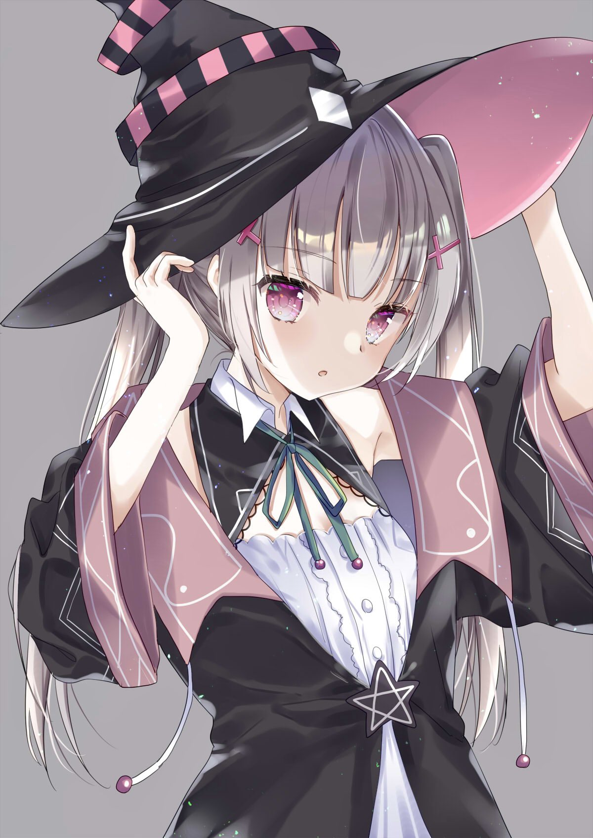 1girl artist_request asumi_sena bangs cattleya_regina_games eyebrows_visible_through_hair hair_ornament hat highres looking_at_viewer multicolored_hair pink_hair red_eyes solo streaked_hair twintails virtual_youtuber witch_hat x_hair_ornament