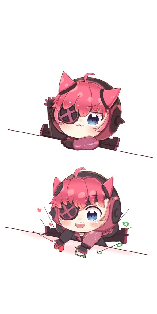 1girl apex_legends black_headwear black_jacket blush bongo_cat chibi commentary_request cyber_punked_wattson eyebrows_visible_through_hair eyepatch horns jacket koiharu like_and_retweet mechanical_arms meme official_alternate_costume one_eye_covered open_mouth pink_hair single_mechanical_arm smile v-shaped_eyebrows wattson_(apex_legends)