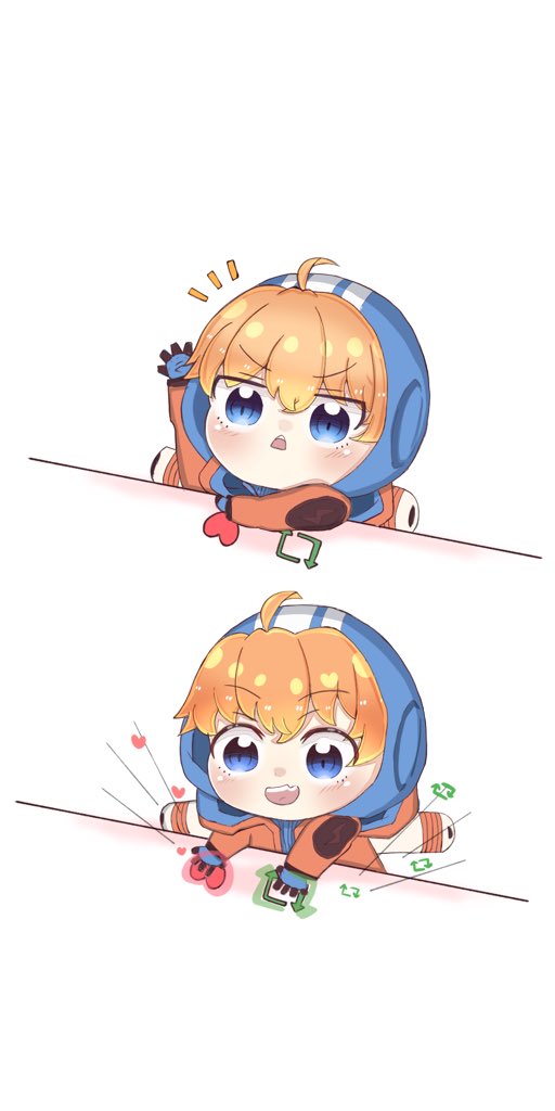 1girl apex_legends blue_eyes blue_headwear blush bongo_cat chibi commentary_request cowlick heart hood jacket koiharu like_and_retweet meme open_hand open_mouth orange_jacket smile v-shaped_eyebrows wattson_(apex_legends)