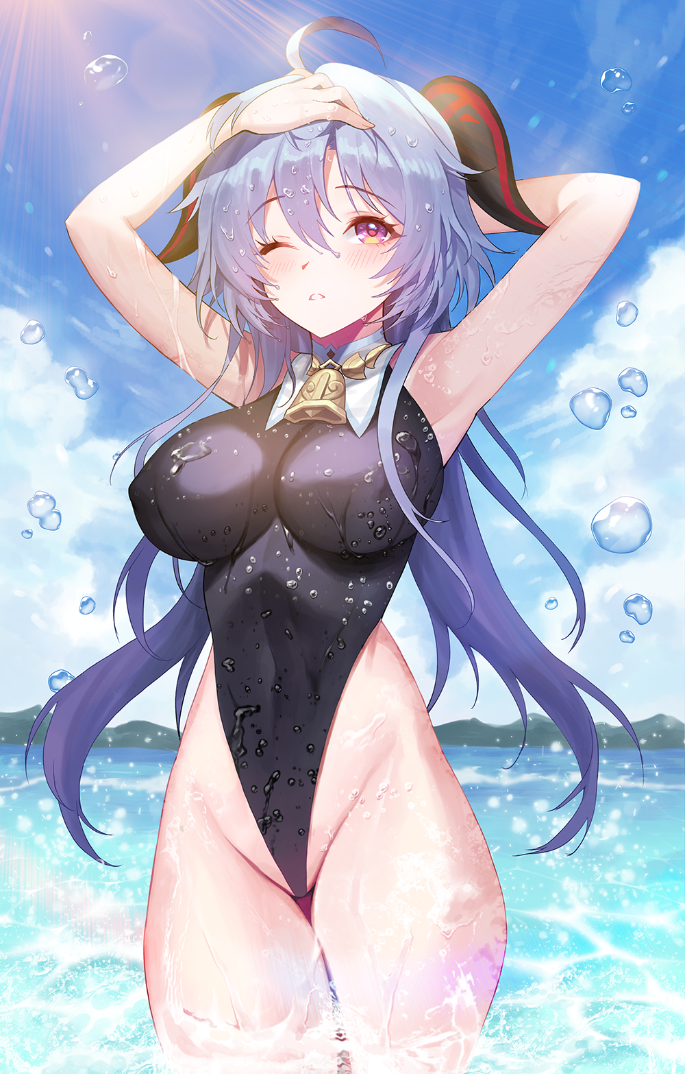 1girl ahoge armpits arms_up bare_arms bare_shoulders bell black_swimsuit blue_hair breasts covered_nipples cowbell day detached_collar ganyu_(genshin_impact) genshin_impact goat_horns groin highleg highleg_swimsuit highres horns impossible_clothes impossible_swimsuit kyundoo large_breasts light_rays long_hair looking_at_viewer ocean one-piece_swimsuit one_eye_closed outdoors parted_lips solo sunbeam sunlight swimsuit thighs very_long_hair violet_eyes wading wet