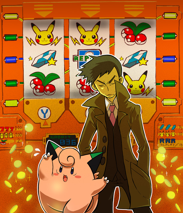 1boy black_eyes blush_stickers brown_coat claws clefairy coat coin collared_shirt commentary_request fang gen_1_pokemon hand_in_pocket looker_(pokemon) male_focus mikami necktie open_clothes open_coat open_mouth outline pants pikachu pink_neckwear pokemon pokemon_(creature) pokemon_(game) pokemon_dppt popped_collar shirt short_hair star_(symbol) tongue vest white_shirt
