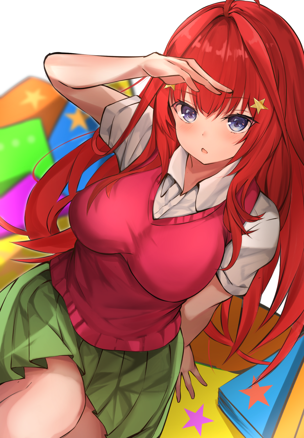 1girl ahoge bangs blue_eyes breasts collared_shirt eyebrows_visible_through_hair facing_viewer from_above go-toubun_no_hanayome green_skirt hair_ornament hand_on_own_head highres large_breasts long_hair looking_ahead nakano_itsuki open_mouth red_sweater_vest red_vest redhead runep shirt short_sleeves sitting skirt solo star_(symbol) star_hair_ornament sweater_vest vest white_shirt