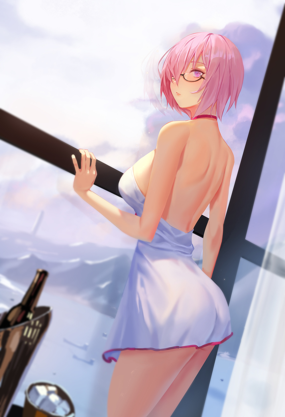 1girl ass back bangs bare_shoulders breasts dress_swimsuit fate/grand_order fate_(series) glasses hair_over_one_eye highres large_breasts light_purple_hair looking_at_viewer looking_back mash_kyrielight sansan_(dongfangzhong111) short_hair solo swimsuit swimsuit_of_perpetual_summer thighs violet_eyes white_swimsuit