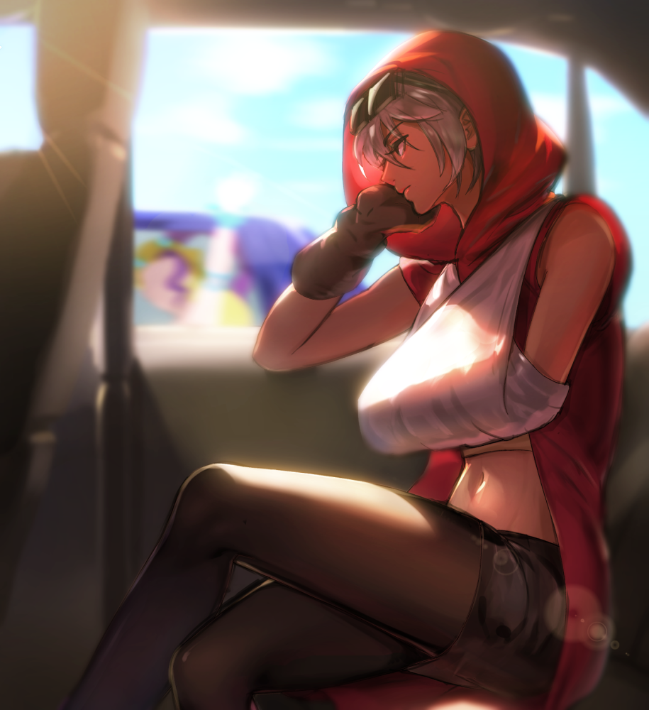 1girl at4190_(user_vzac7788) bandaged_arm bandages bangs black_skirt blue_sky brown_gloves brown_pantyhose car_interior closed_mouth clouds cloudy_sky crop_top crossed_legs eyewear_on_head gloves hand_on_own_cheek hand_on_own_face jacket jojo_no_kimyou_na_bouken lipstick makeup mariah_(jojo) medium_hair navel pantyhose red_jacket single_glove sitting skirt sky sleeveless solo stardust_crusaders sunglasses white_hair yellow_eyes