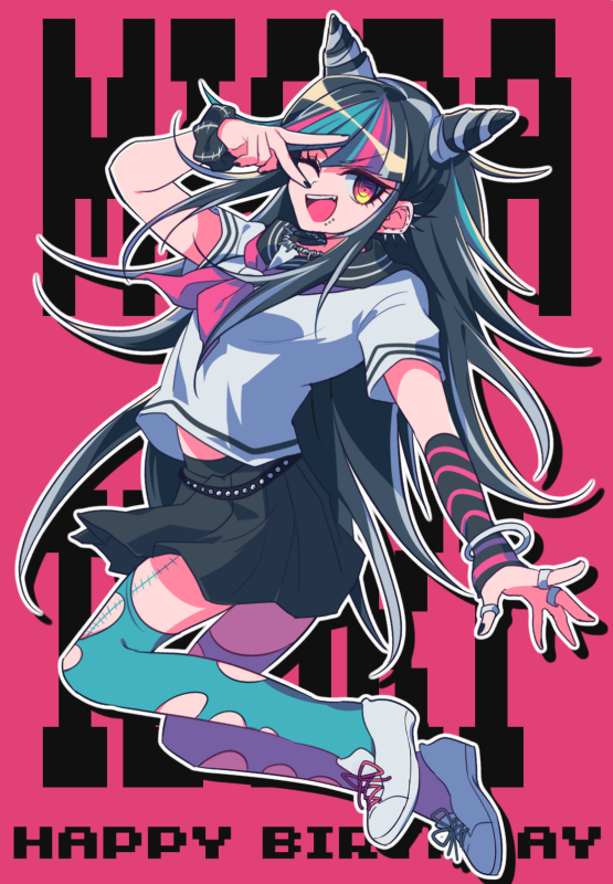 1girl :d asymmetrical_legwear bangs black_hair black_nails black_skirt blue_hair bracelet breasts character_name dangan_ronpa_(series) dangan_ronpa_2:_goodbye_despair ear_piercing fang green_legwear hair_horns happy_birthday jewelry long_hair looking_at_viewer medium_breasts mioda_ibuki mismatched_legwear multicolored_hair nail_polish necklace open_mouth piercing pink_eyes pink_hair pink_legwear pink_neckwear ring sailor_collar sasakama_(sasagaki01) scar school_uniform scrunchie serafuku shirt shoes skirt smile solo stitches tattoo thigh-highs torn_clothes torn_legwear v_over_eye white_footwear white_hair wrist_scrunchie