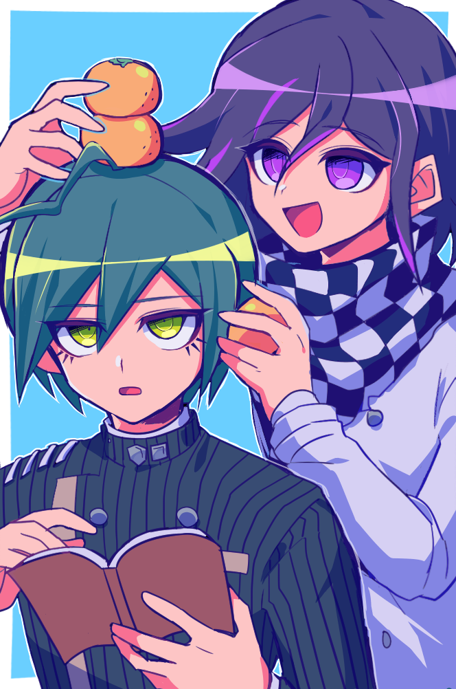 2boys :d ahoge bangs black_hair black_scarf blue_background book border buttons checkered checkered_neckwear checkered_scarf dangan_ronpa_(series) dangan_ronpa_v3:_killing_harmony double-breasted food food_on_head fruit green_hair grey_border grey_scarf hair_between_eyes holding long_sleeves male_focus multicolored_hair multiple_boys object_on_head open_book open_mouth orange_(food) ouma_kokichi pink_hair purple_hair saihara_shuuichi sasakama_(sasagaki01) scarf shiny shiny_hair smile straitjacket striped_jacket two-tone_hair violet_eyes