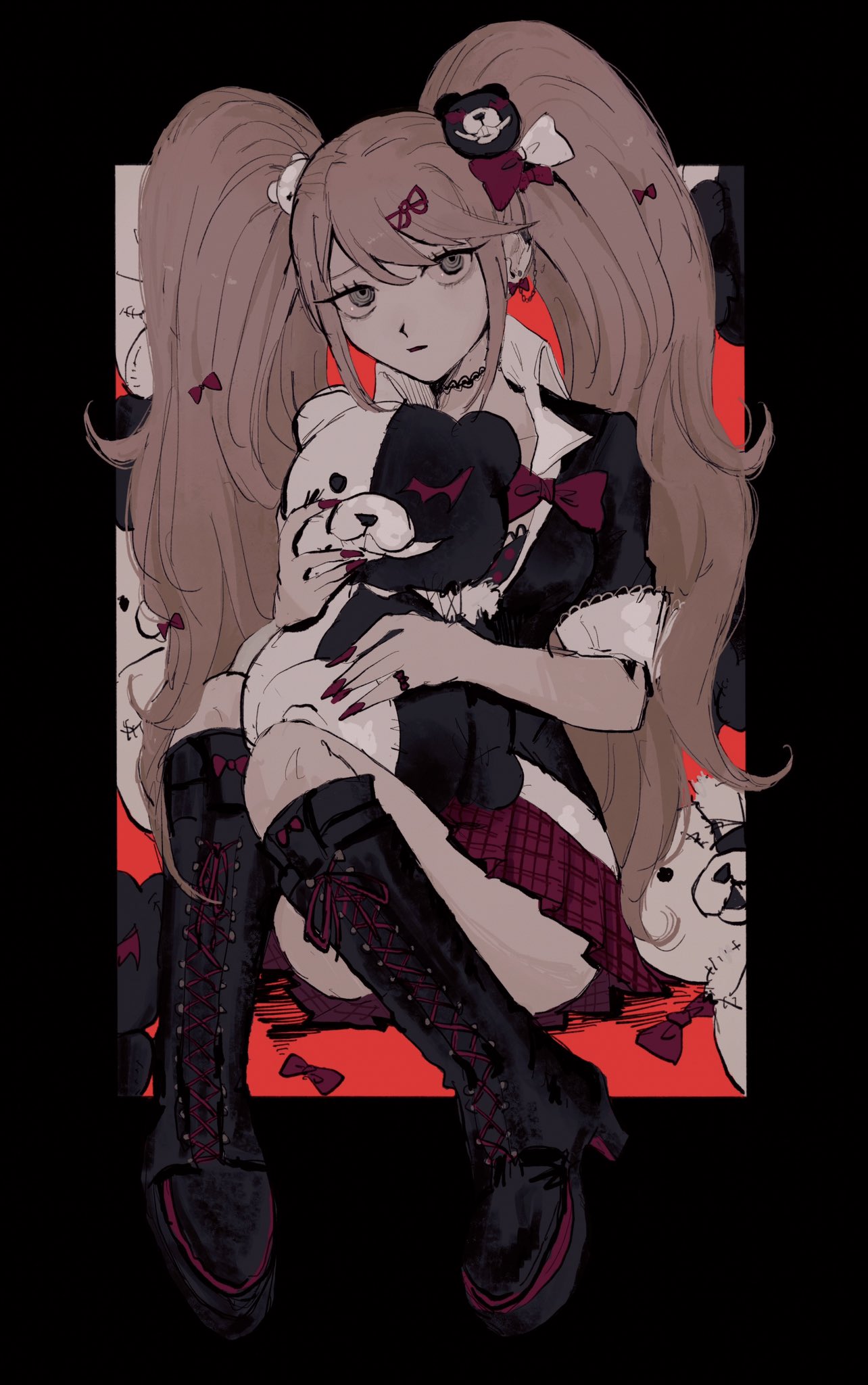 1girl ass bangs bear_hair_ornament black_background black_choker black_footwear black_nails black_shirt blue_eyes boots bow choker collarbone cross-laced_footwear dangan_ronpa:_trigger_happy_havoc dangan_ronpa_(series) doll_hug enoshima_junko fingernails hair_bow hair_ornament highres knee_boots knees_up lace-up_boots long_hair miniskirt monokuma nail_polish necktie open_mouth plaid plaid_skirt red_bow sema_(vivaviva_02) sharp_fingernails shirt skirt symbol_commentary twintails white_bow