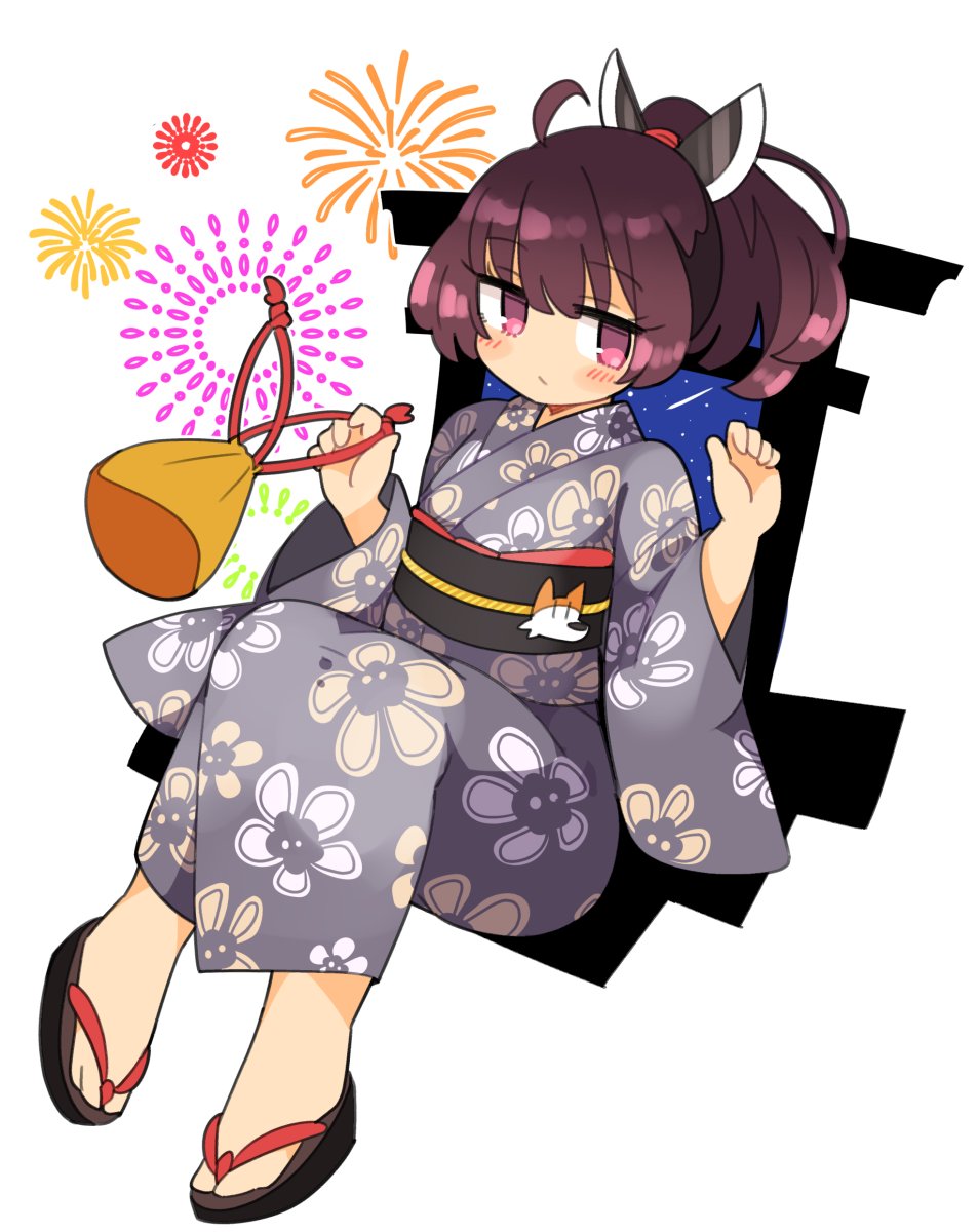 1girl ahoge alternate_costume bangs black_footwear black_sash brown_eyes brown_hair closed_mouth eyebrows_visible_through_hair fireworks floral_print fox_print full_body grey_kimono headgear highres holding ini_(inunabe00) japanese_clothes kimono long_sleeves looking_at_viewer obi ponytail sandals sash short_hair simple_background sitting sky solo star_(sky) starry_sky touhoku_kiritan voiceroid white_background wide_sleeves