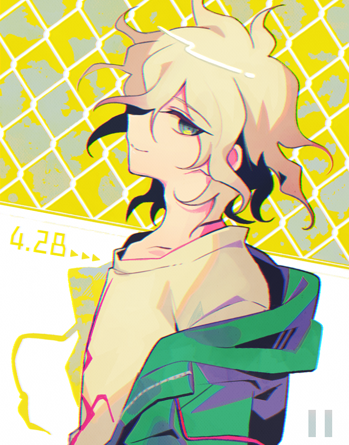 1boy bangs blonde_hair closed_mouth collarbone commentary_request dangan_ronpa_(series) dangan_ronpa_2:_goodbye_despair dated from_side grey_background grey_jacket hair_between_eyes jacket komaeda_nagito looking_at_viewer male_focus medium_hair messy_hair multicolored multicolored_background orange_background print_shirt profile sasakama_(sasagaki01) shiny shiny_hair shirt smile solo upper_body white_background yellow_background