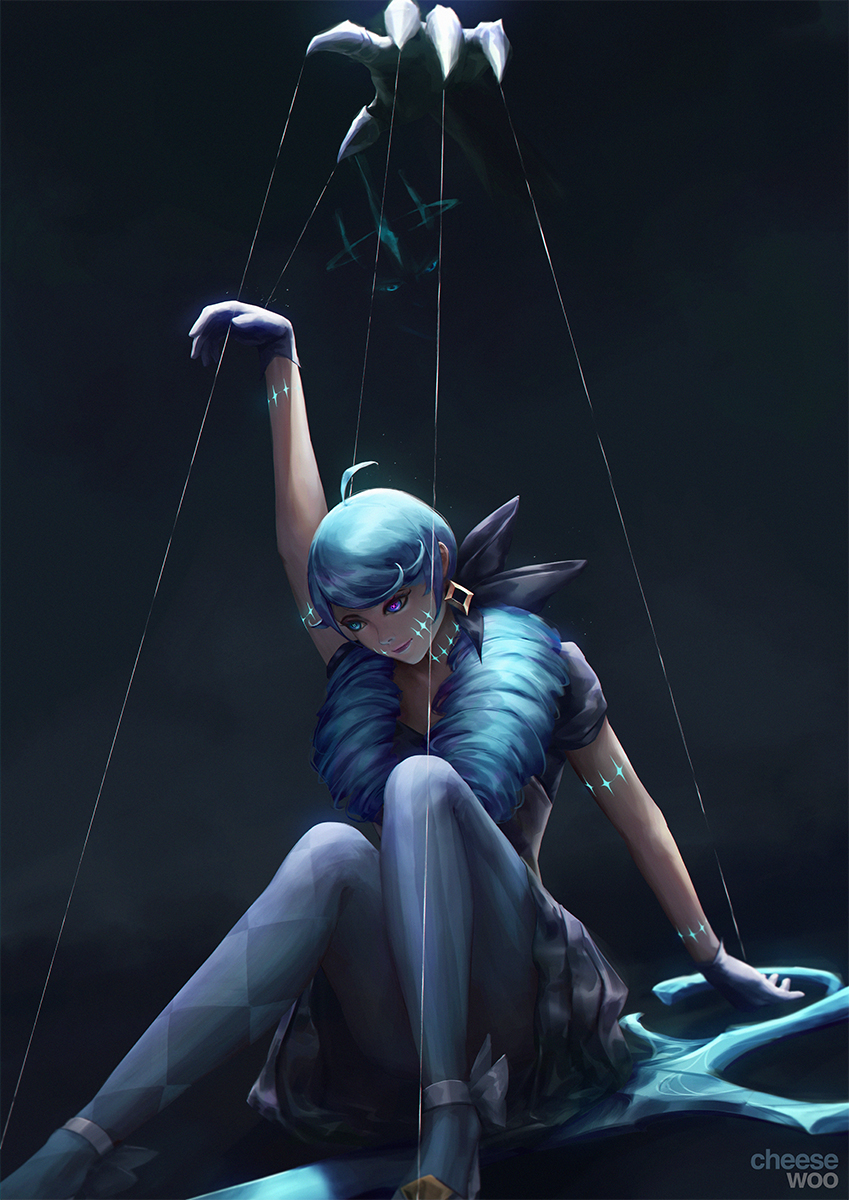 1girl ahoge arm_up artstation_username bangs blue_eyes blue_gloves blue_legwear commentary dark_background doll_joints drill_hair earrings foot_out_of_frame glasgow_smile gloves green_eyes gwen_(league_of_legends) heterochromia highres isaac_liew jewelry joints knees_up league_of_legends lips long_hair looking_down pantyhose puppet puppet_strings scissor_blade scissors short_sleeves sitting skirt solo swept_bangs twin_drills twintails violet_eyes