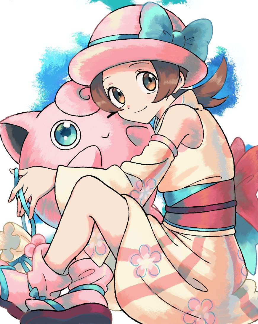 1girl back_bow bare_shoulders blue_bow blue_ribbon bow brown_eyes brown_hair detached_sleeves floral_print gen_1_pokemon hat hat_bow hat_ribbon holding holding_pokemon hug ittumozzz japanese_clothes jigglypuff kimono looking_at_viewer lyra_(pokemon) obi official_alternate_costume one_eye_closed pink_headwear pink_legwear pokemon pokemon_(creature) pokemon_(game) pokemon_masters_ex red_bow red_footwear ribbon sandals sash sidelocks socks twintails yellow_kimono