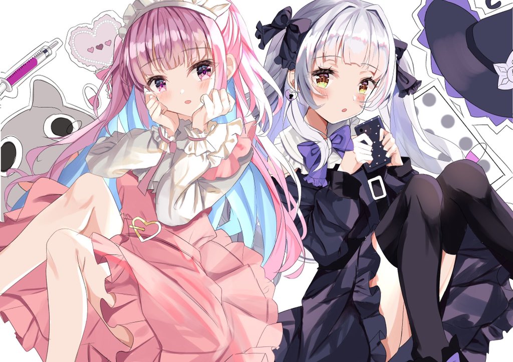 2girls :d black_legwear blush cellphone colored_inner_hair embarrassed hololive lolita_fashion looking_at_viewer maid_headdress minato_aqua multicolored_hair multiple_girls murasaki_shion open_mouth pantyhose phone pink_hair sakutuki shiny shiny_hair silver_hair smartphone smile surprised sweet_lolita thigh-highs virtual_youtuber white_legwear