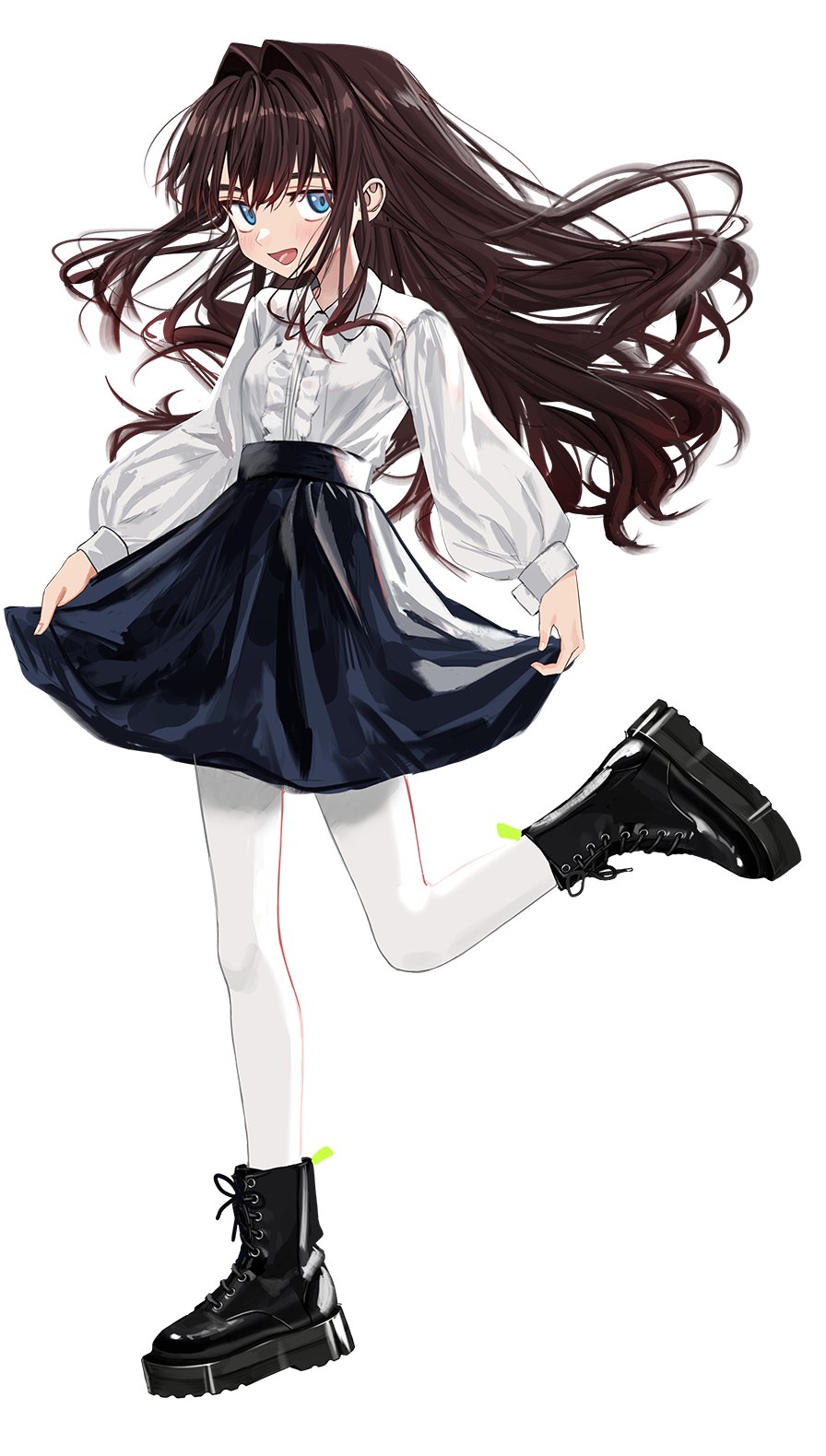 1girl black_footwear blue_eyes boots brown_hair center_frills collared_shirt commentary elisia_valfelto eyebrows_behind_hair frills full_body hair_intakes high-waist_skirt highres long_hair long_sleeves looking_at_viewer luicent open_mouth original pantyhose platform_footwear shirt simple_background skirt skirt_hold smile solo white_background white_legwear white_shirt