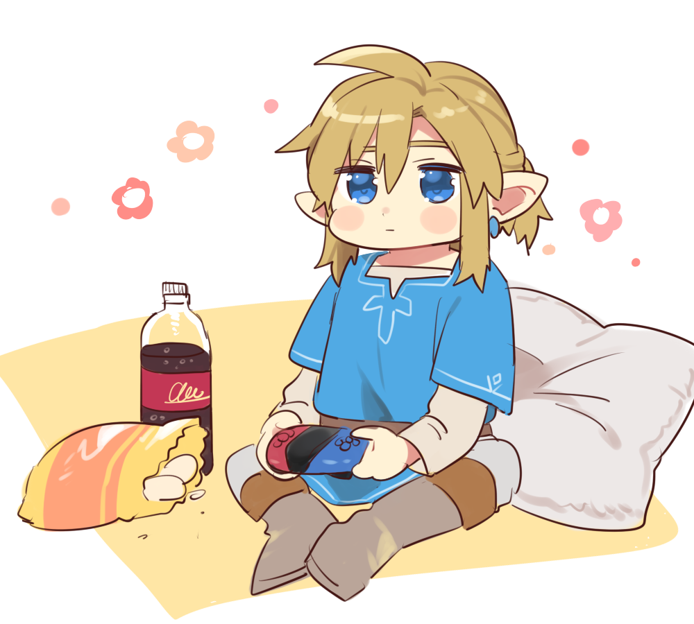 1boy ahoge bangs blonde_hair blue_eyes blue_shirt blush_stickers boots brown_footwear chips closed_mouth cola commentary_request controller earrings food full_body game_controller grey_pants holding holding_controller jewelry joy-con knee_boots layered_sleeves link long_sleeves male_focus pants pillow pointy_ears shiny shiny_hair shirt short_over_long_sleeves short_sleeves snack solo the_legend_of_zelda the_legend_of_zelda:_breath_of_the_wild ttanuu. white_background