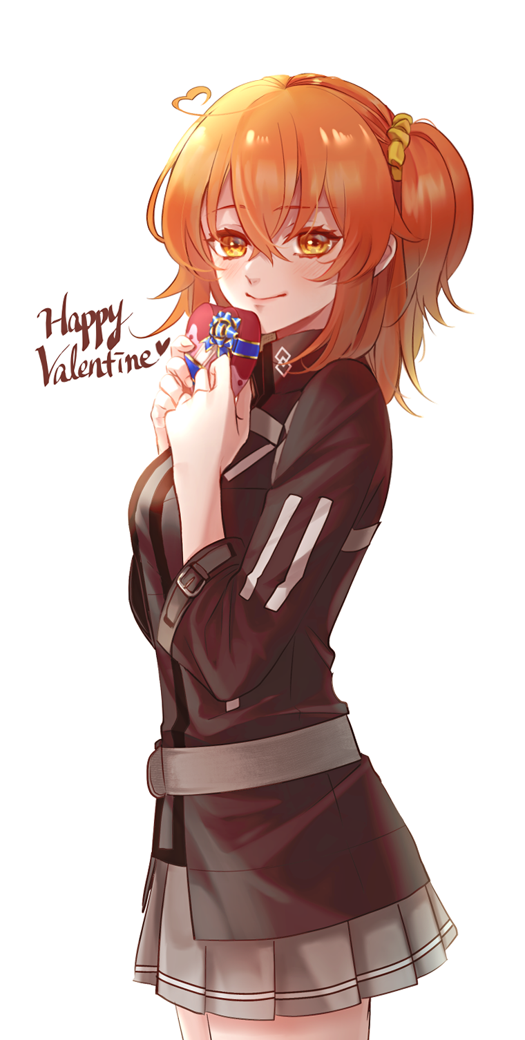 1girl ahoge bangs black_jacket box brown_eyes closed_mouth cowboy_shot eyebrows_visible_through_hair fate/grand_order fate_(series) from_side fujimaru_ritsuka_(female) grey_skirt hair_between_eyes hair_ornament hair_scrunchie happy_valentine heart-shaped_box heart_ahoge highres holding holding_box jacket long_hair long_sleeves miniskirt orange_hair orange_scrunchie pleated_skirt redrabbit44 scrunchie shiny shiny_hair side_ponytail skirt smile solo standing