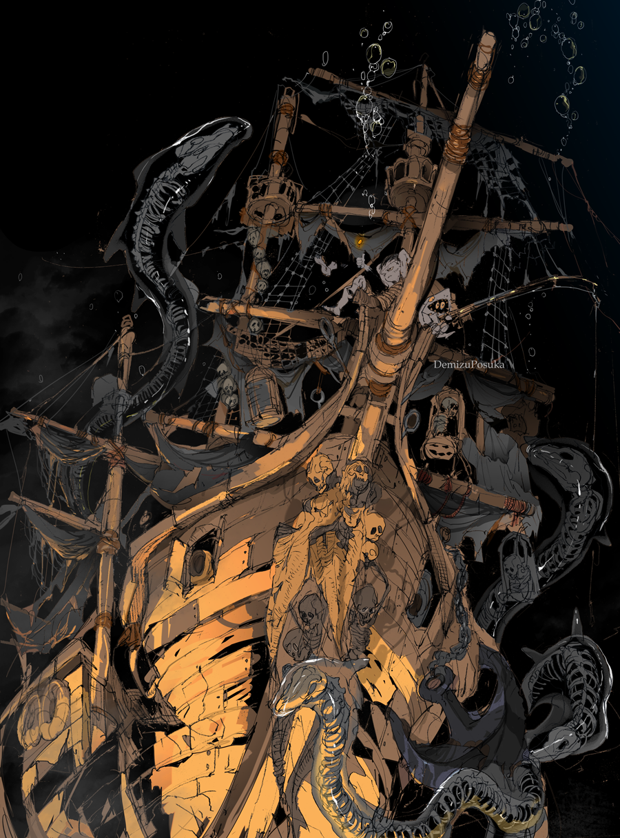 1boy 1other anchor artist_name chain commentary_request damaged demizu_posuka fishing fishing_rod highres original ship skeleton skull undead underwater watercraft