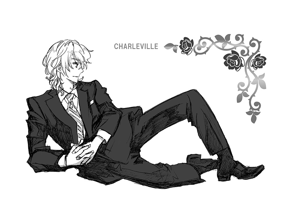 1boy alternate_costume character_name charleville_(senjuushi) curly_hair expressionless formal from_side greyscale hands_clasped hatching_(texture) kinoshita_sakura linear_hatching male_focus mixed_media monochrome necktie own_hands_together senjuushi:_the_thousand_noble_musketeers senjuushi_(series) solo striped striped_neckwear suit