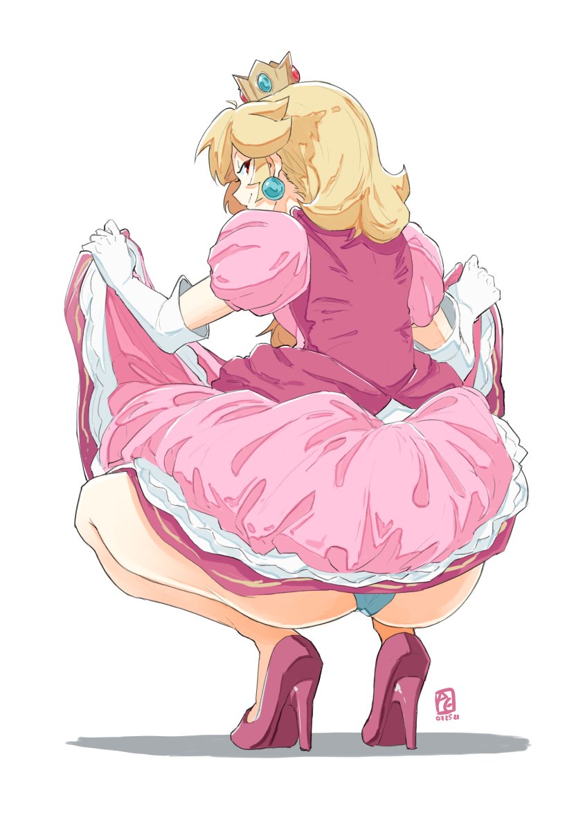 1girl automatic_giraffe blonde_hair blue_eyes clothes_lift crown dress dress_lift earrings elbow_gloves gloves jewelry long_hair looking_at_viewer looking_back super_mario_bros. panties pink_dress princess_peach simple_background smile solo thigh-highs underwear white_background white_gloves