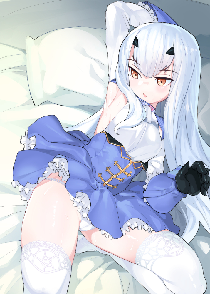 1girl arm_behind_head arm_up armpits bangs black_gloves blue_dress breasts brown_eyes dress fairy_knight_lancelot_(fate) fate/grand_order fate_(series) frills gloves henry_bird_9 long_hair long_sleeves looking_to_the_side on_bed open_mouth pillow sidelocks small_breasts solo thigh-highs thighs white_hair white_legwear