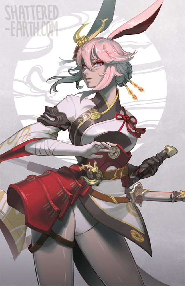 1girl animal_ears armor asymmetrical_gloves bangs black_gloves fox_ears gloves grey_background hair_between_eyes hair_ornament holding holding_sword holding_weapon honkai_(series) honkai_impact_3rd japanese_armor japanese_clothes katana looking_at_viewer mismatched_gloves open_mouth panties pink_hair shattered_earth sheath sheathed simple_background solo susan_lau sword teeth underwear violet_eyes weapon white_gloves white_panties yae_sakura yae_sakura_(flame_sakitama)