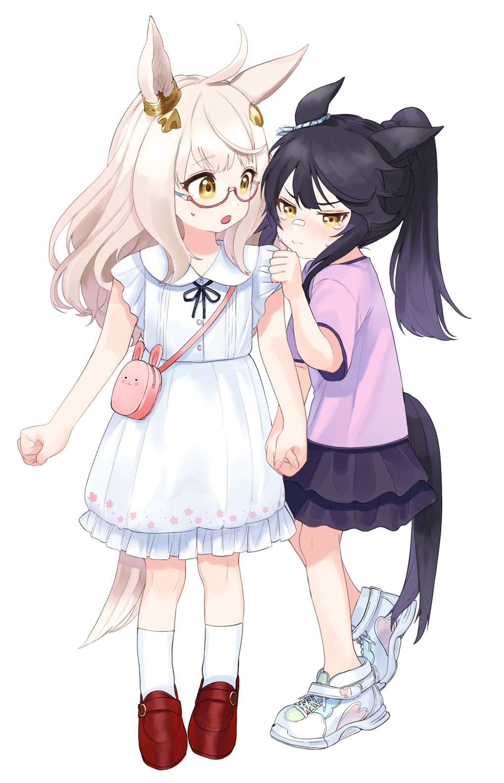 2girls ahoge animal_ears bandaid bandaid_on_nose biwa_hayahide_(umamusume) black_hair black_skirt crying dress glasses highres holding_hands horse_ears horse_tail multiple_girls narita_brian_(umamusume) pink_shirt ponytail seisei_tamago shirt shoes skirt sneakers tail umamusume white_background white_dress white_hair yellow_eyes younger