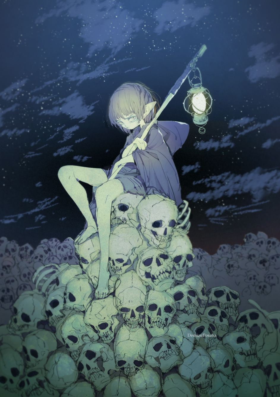 artist_name commentary_request demizu_posuka highres holding lantern looking_at_viewer original outdoors pile_of_skulls pointy_ears sitting skull star_(sky)