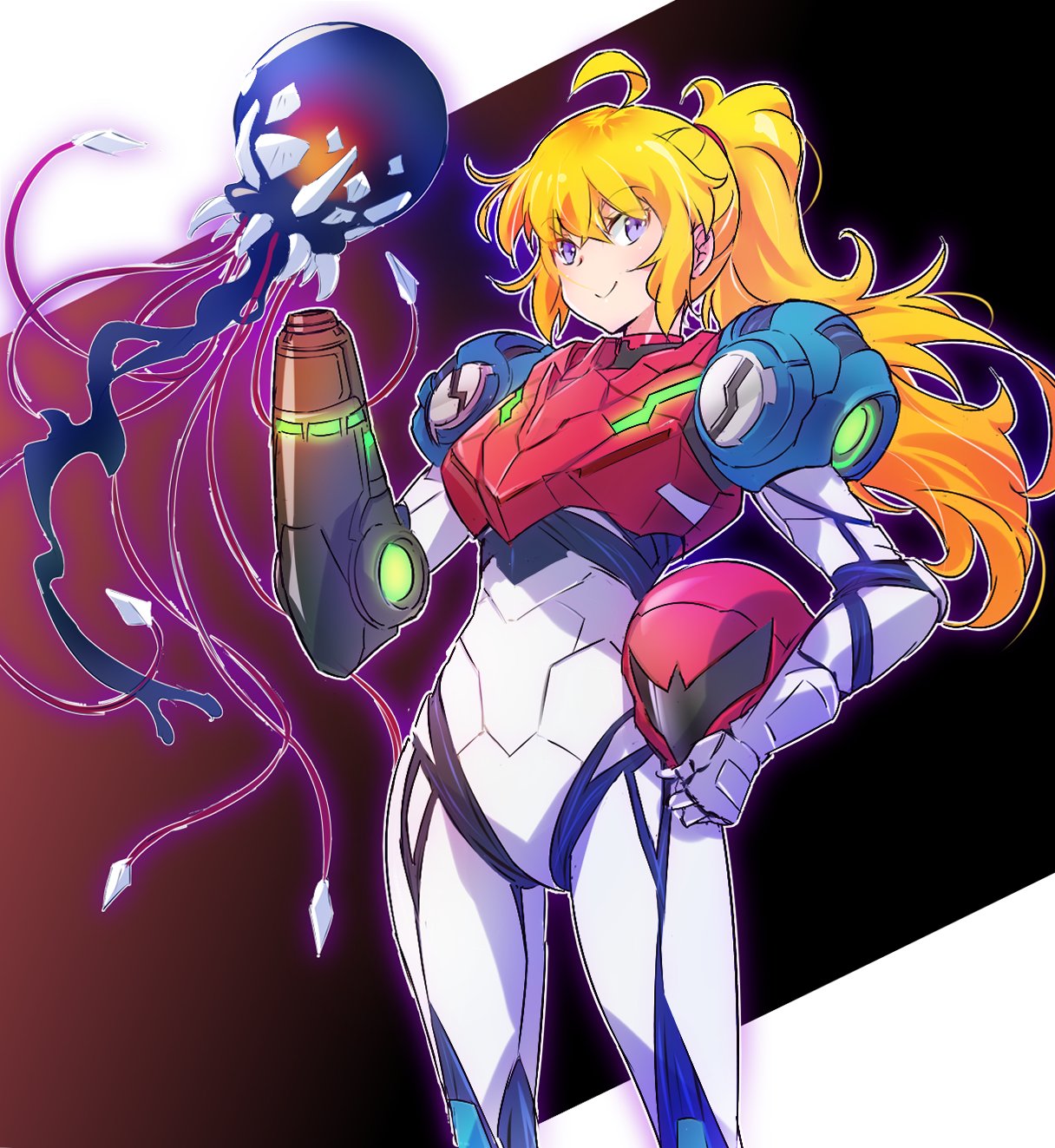 ahoge arm_cannon blonde_hair cosplay headwear_removed helmet helmet_removed highres iesupa long_hair metroid metroid_dread ponytail rwby samus_aran samus_aran_(cosplay) varia_suit violet_eyes wavy_hair weapon yang_xiao_long