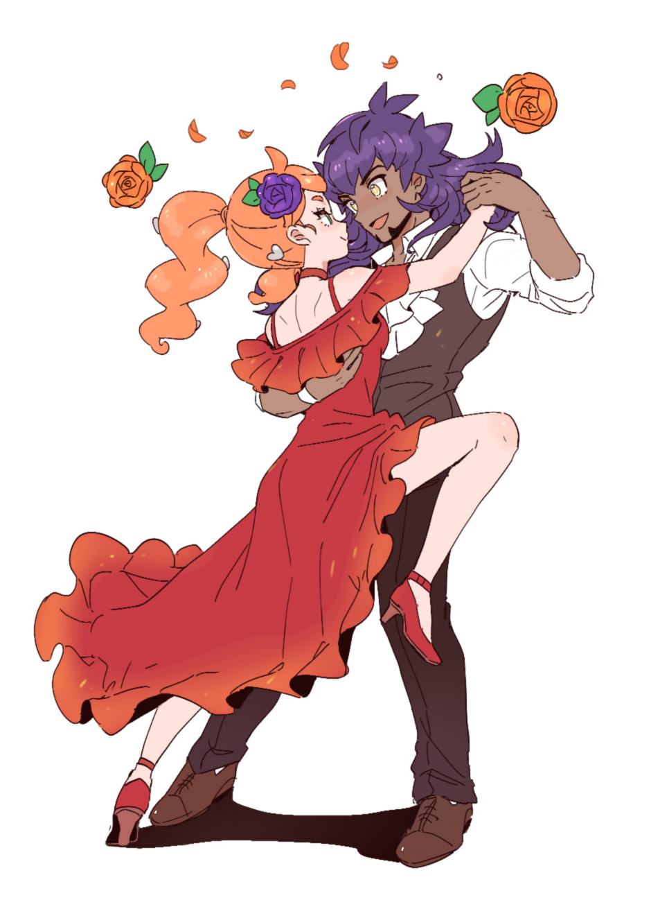 1boy 1girl alternate_costume brown_footwear brown_vest closed_mouth dancing dark-skinned_male dark_skin dress eye_contact facial_hair flower hair_flower hair_ornament heart heart_hair_ornament high_heels highres holding_hands leg_up leon_(pokemon) long_hair looking_at_another orange_dress orange_flower orange_hair pants pokemon pokemon_(game) pokemon_swsh purple_flower purple_hair red_footwear rnehrdyd1212 shirt shoes shoulder_blades side_ponytail sleeves_rolled_up smile sonia_(pokemon) standing symbol_commentary vest white_shirt yellow_eyes