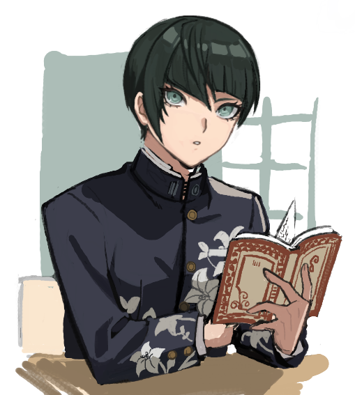 1boy androgynous bangs black_hair blue_eyes book bowl_cut eyelashes looking_at_viewer male_focus morimiya_(kuroro) protagonist_(smtv) school_uniform shin_megami_tensei shin_megami_tensei_v short_hair simple_background solo